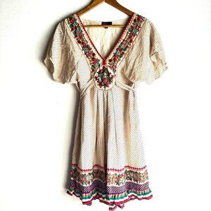 Vintage 2000s Yumi Kim SILK Floral Polka Dot Empire Waist Mini Dress L